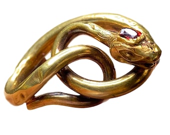 Vintage 9k Gold Double Head Snake Ring, Ruby Dual Serpent in