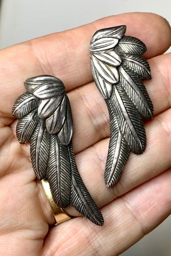 Vintage Sterling Wing Earrings, Artisan Made, Engr