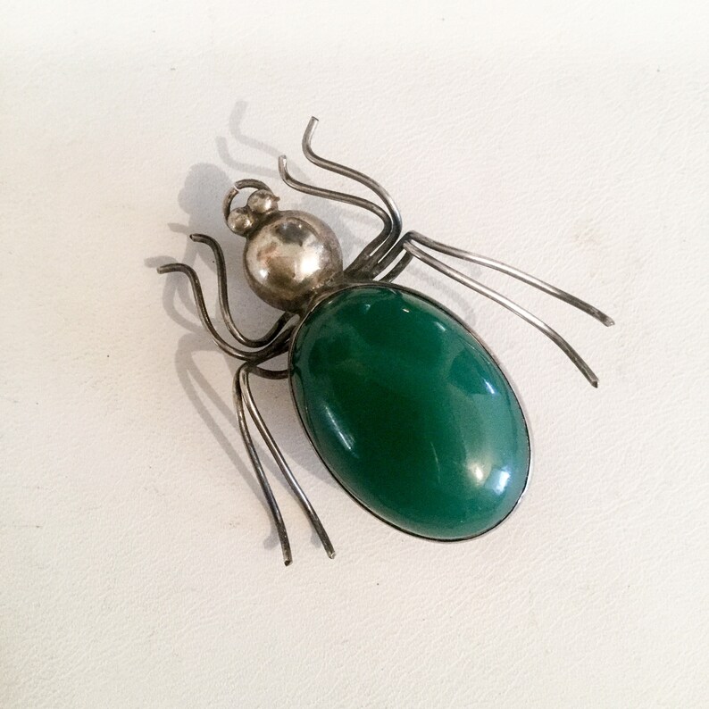 Vintage Spider Pin Sterling silver Jade Jadite? Vintage jewelry Bug Collectible Jewelry runway fashion LA eb
