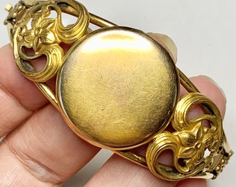 Victorian Locket Clamper Bracelet, Gold Fill Bangle