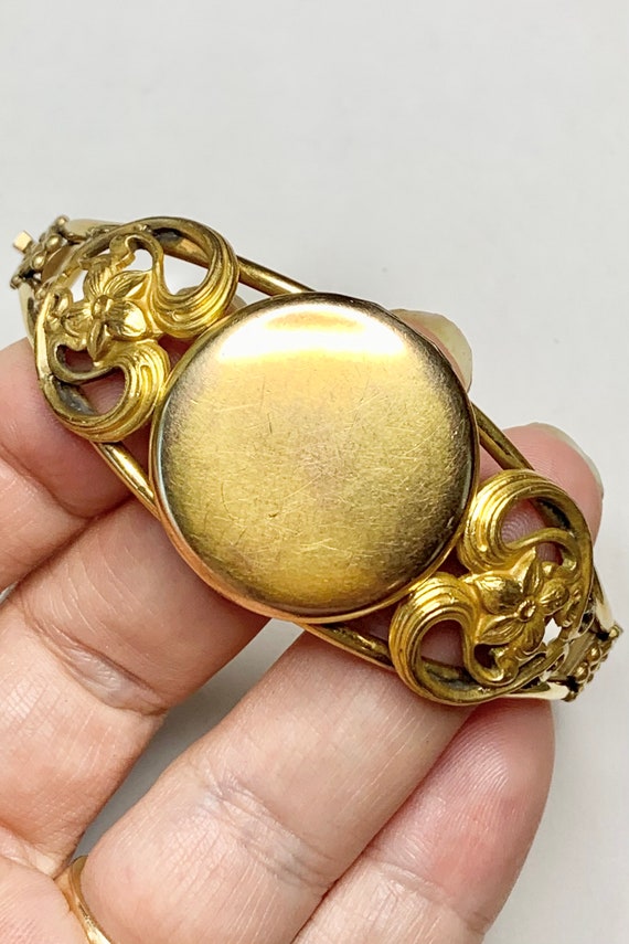 Victorian Locket Clamper Bracelet, Gold Fill Bangl