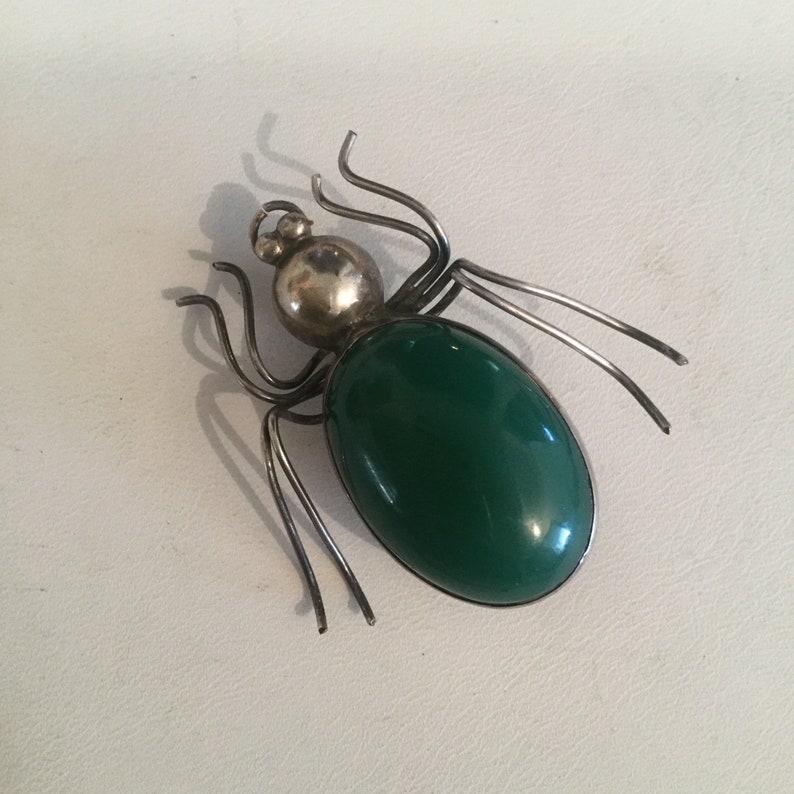 Vintage Spider Pin Sterling silver Jade Jadite? Vintage jewelry Bug Collectible Jewelry runway fashion LA eb