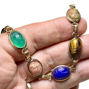 Art Deco Scarab Bracelet, Gold Fill + Gemstones, Egyptian Revival