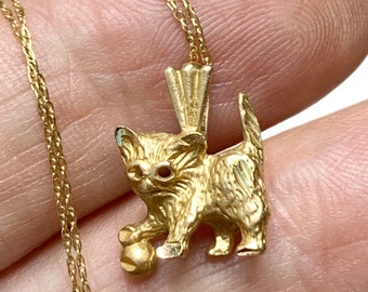 Vintage 14k Gold Kitty Cat Pendant, with 10k Gold Necklace, Signed MA