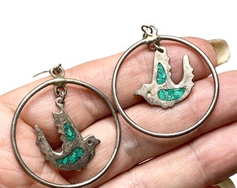 Vintage Sterling Birds in Hoop Earrings with Gemstones