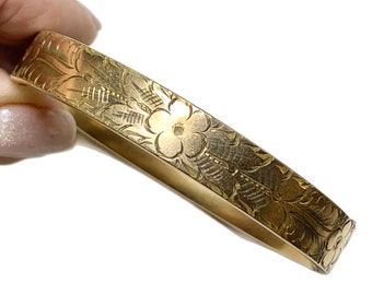 Nouveau Gold Fill Clamper Bracelet, Engraved Floral Motif Bangle