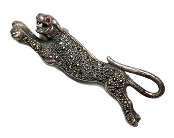 Art Deco Leaping Tiger Brooch, Marcasite, Ruby and Sterling Pin