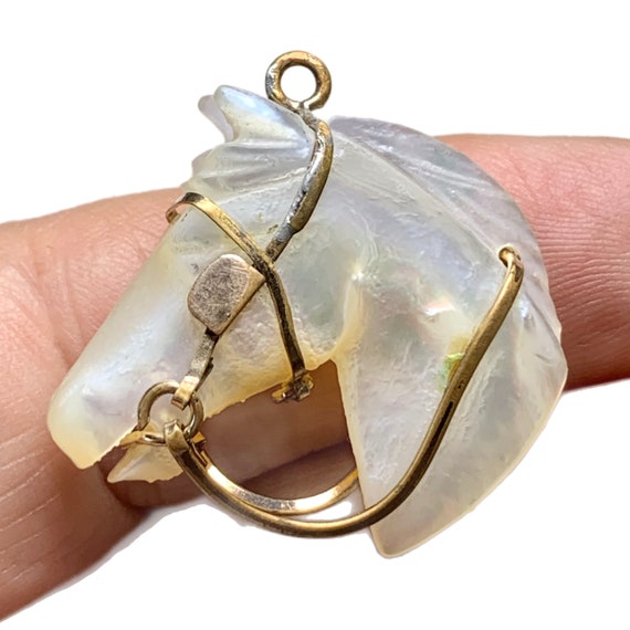 Antique Horse Pendant Fob, Carved Mother of Pearl… - image 1