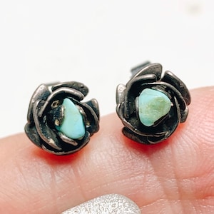 Old Pawn Squash Blossom Flower Earrings, Turquoise + Sterling Silver