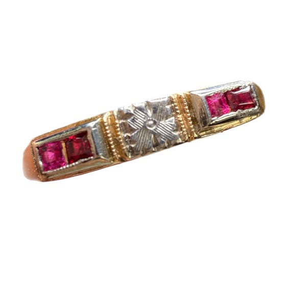 Art Deco 14K Gold + Ruby Ring, Stackable, Size 7 - image 1