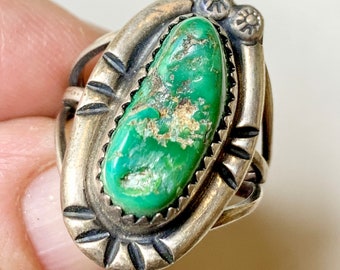 Old Pawn Sterling and Green Turquoise Ring, with Stampings, Sz 5