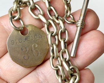 Antique Silver Plate Watch Chain, 10”, with T Bar and Brass Tag