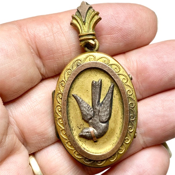 Victorian Gilt Bird Locket, Etruscan Jewelry - image 1