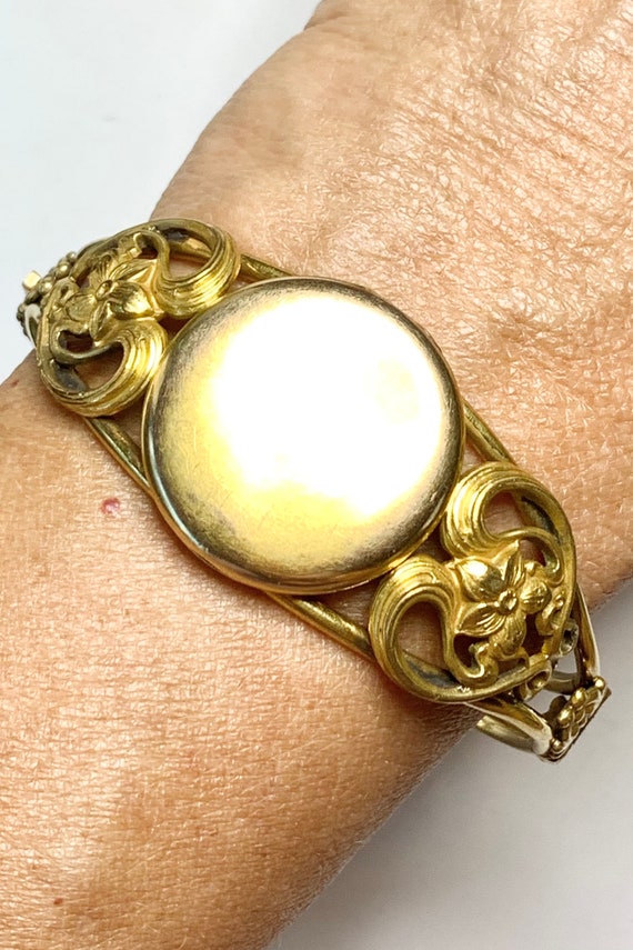Victorian Locket Clamper Bracelet, Gold Fill Bangle Gem