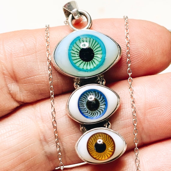 Vintage Evil Eye Pendant Necklace, Glass + Sterlin