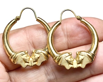 Vintage 12k Gold Fill Pharoah Hoop Earrings, Egyptian Revival