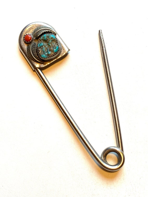 Risdon turquoise safety pin. 5” brooch. Lapel pin.