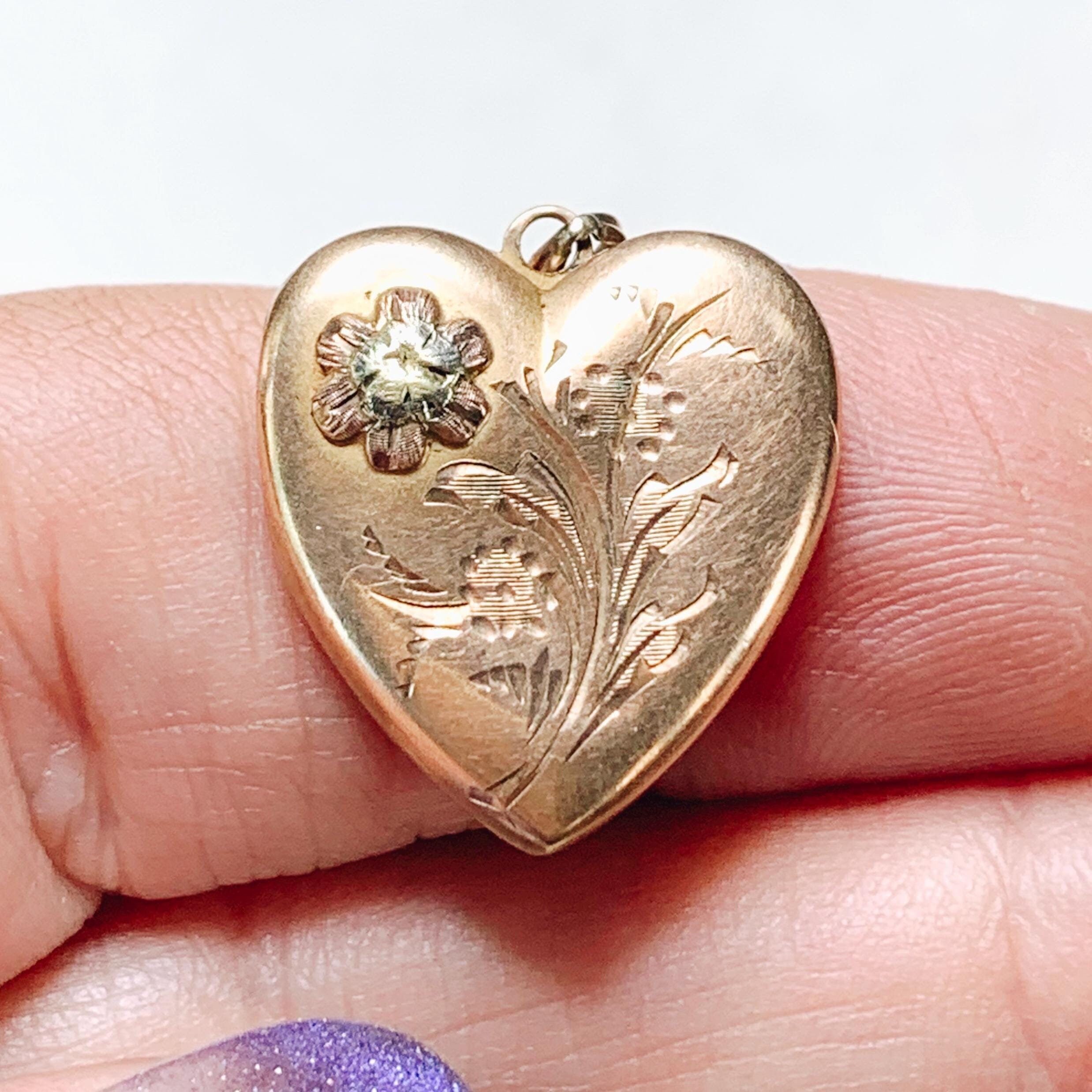 Art Deco 10k Gold Heart Locket, ESEM Co, Engraved