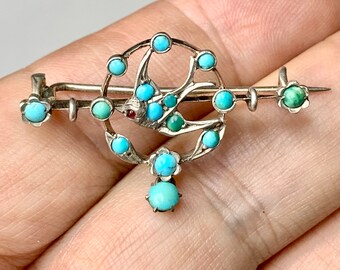 Antique Sterling Bluebird Brooch, with Garnet and Persian Turquoise, C Clasp Pin