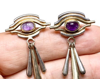 Vintage Sterling Eye of Horus Dangle Earrings with Amethyst