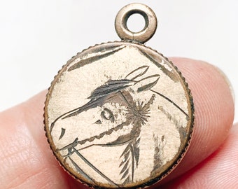 Antique Gold Fill Watch Fob, Early Folk Art, Engraved Horse Head