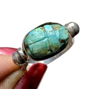 Antique Scarab Spinner Ring, Sterling + Faience, Egyptian Revival, Size 8