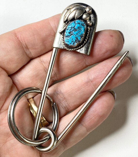 Turquoise and Sterling safety pin, 4” brooch. Blan