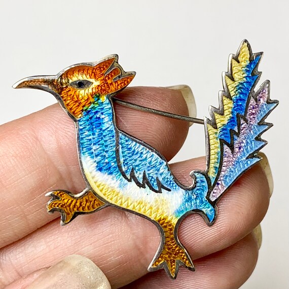 Vintage Roadrunner Brooch, Sterling and Enamel, Je