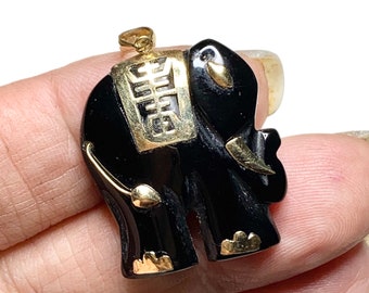 Vintage 14k Gold Elephant Charm, Onyx, Pendant, Fine Jewelry