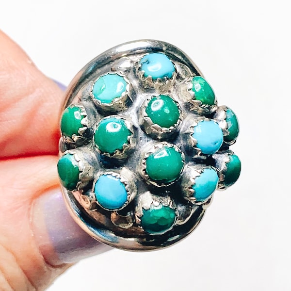 Old Pawn Sputnik Ring, Green + Blue Turquoise, Sterling Silver, Sz 7 1/2