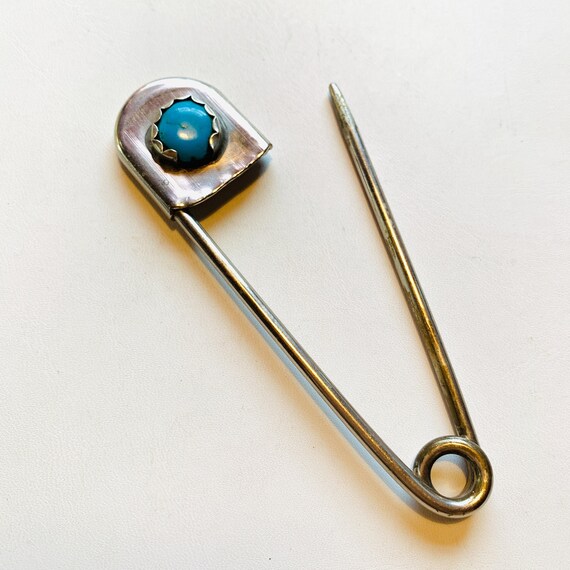 Southwestern turquoise safety pin. 5” brooch. Hat