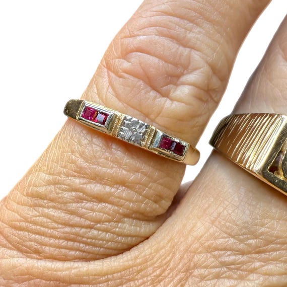 Art Deco 14K Gold + Ruby Ring, Stackable, Size 7 - image 2