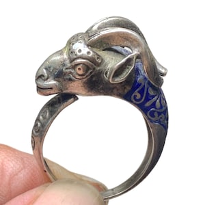 Może przedstawiać: Srebrny pierścionek z motywem głowy barana. Głowa barana ma szczegółowe cechy, z niebieskim emaliowanym akcentem na obrączce pierścionka. Pierścionek jest trzymany przez palce osoby, prezentując skomplikowane rzemiosło i design.