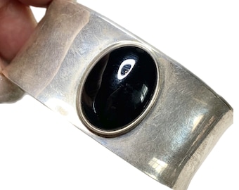 Vintage Sterling and Onyx Cuff, Wide, Mexico, 7”