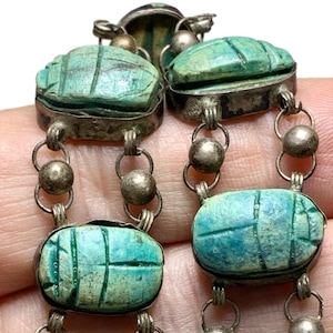 Deco Scarab Link Bracelet, Silver + Faience, Egyptian Revival, 7”