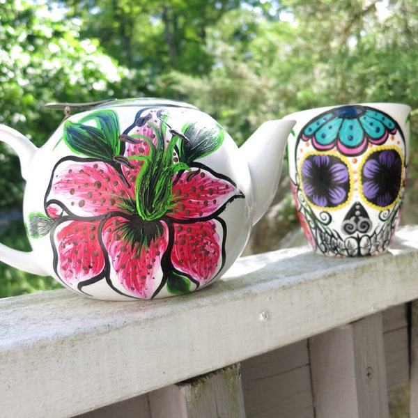 Hand painted sugar skull and star gazer lily tea pot and mug set