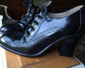 Lace- Up Heels Oxfords Black Leather Size 6 M Made In Brazil