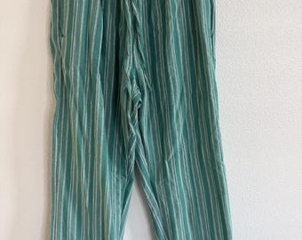 Pantaloni vintage boho a righe in misto cotone, taglia L, ideali per vacanze al mare e sulla costa.
