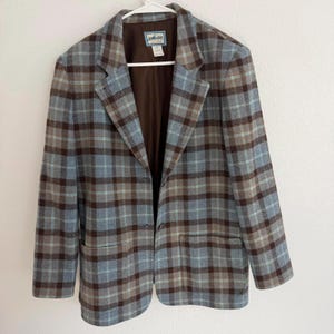 Vintage Pendleton Blue/Brown Plaid 100% Wool Blazer Jacket Made in USA Sz S