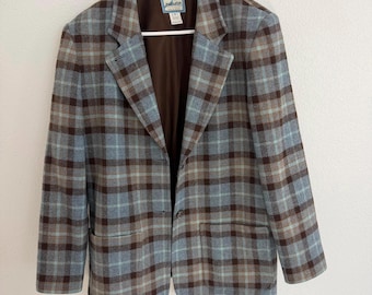 Vintage Pendleton Blau/Braun Karierte 100% Wolle Blazer Jacke Made in USA Sz S