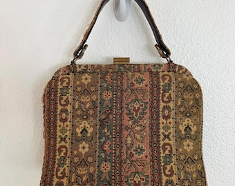Vintage 50’s 60’s Kashmir Tapestry Floral Top Handle Purse Handbag Boho Cottage