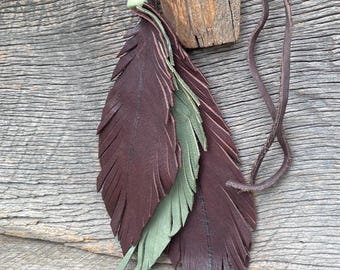 Leather feathers, Purse Charm, boho Leather feathers, Fan Pull, dangle feathers, brown and green feathers