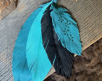 Turquoise leather feathers, Black and turquoise accessory, Purse dangle feathers