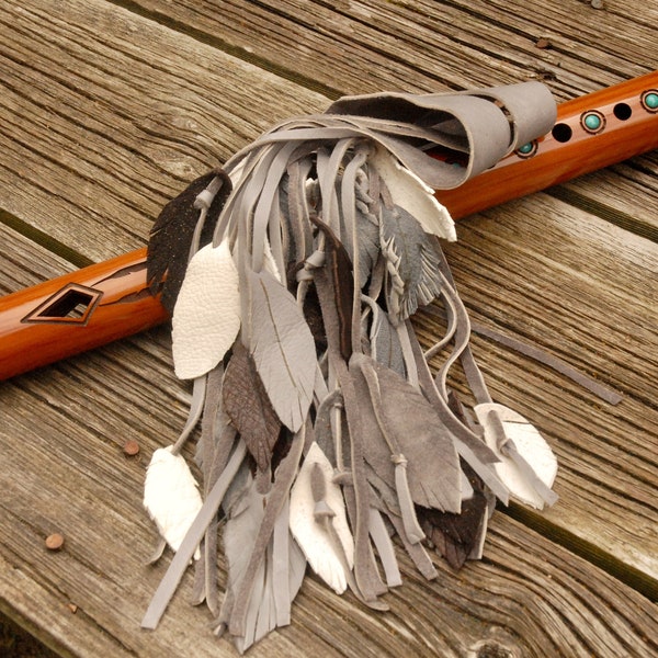 Flute Ties, Flute wraps, baby leather feathers, Native American flute accessory, Feathered flute ties, Gray flute ties