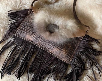Fringed leather purse, Brown leather purse, Fur purse, Rustic pursebags and purses
