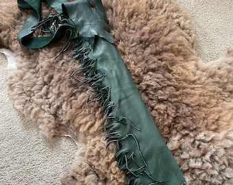 Fringed Leather flute bag, Native American flute bag, Leather flute bag, flute accessory, instrument case, NAF bag, green flute bag