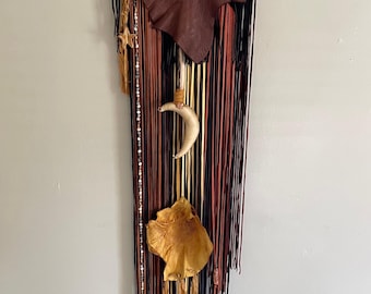 Leather Wall hanging, Sun moon and Stars wall hanging, Fringe leather wall hanging