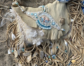 Mermaid purse, Beach purse, Fringed leather bag, Bohemian fringe purse, Hippie purse, Beaded purse