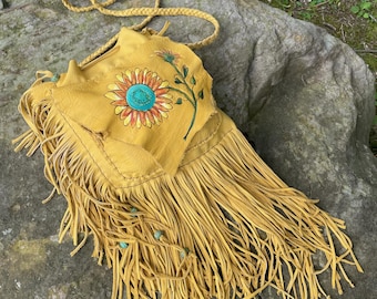 Fringed leather purse, Boho purse, Hippie purse, elk hide purse, shoulder bag