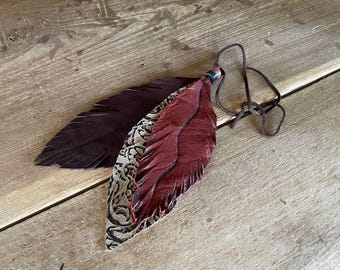 Leather feathers, Purse Charm, boho Leather feathers, Fan Pull, dangle feathers, Rust feathers